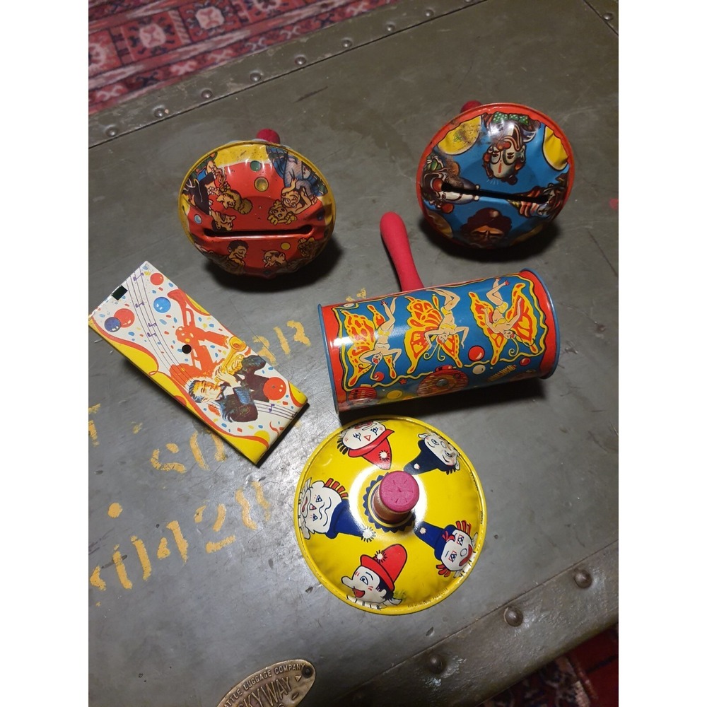 Lot Of 5 Vintage Kirchhof Tin Metal Lithograph Party Noise Makers Toys Favors